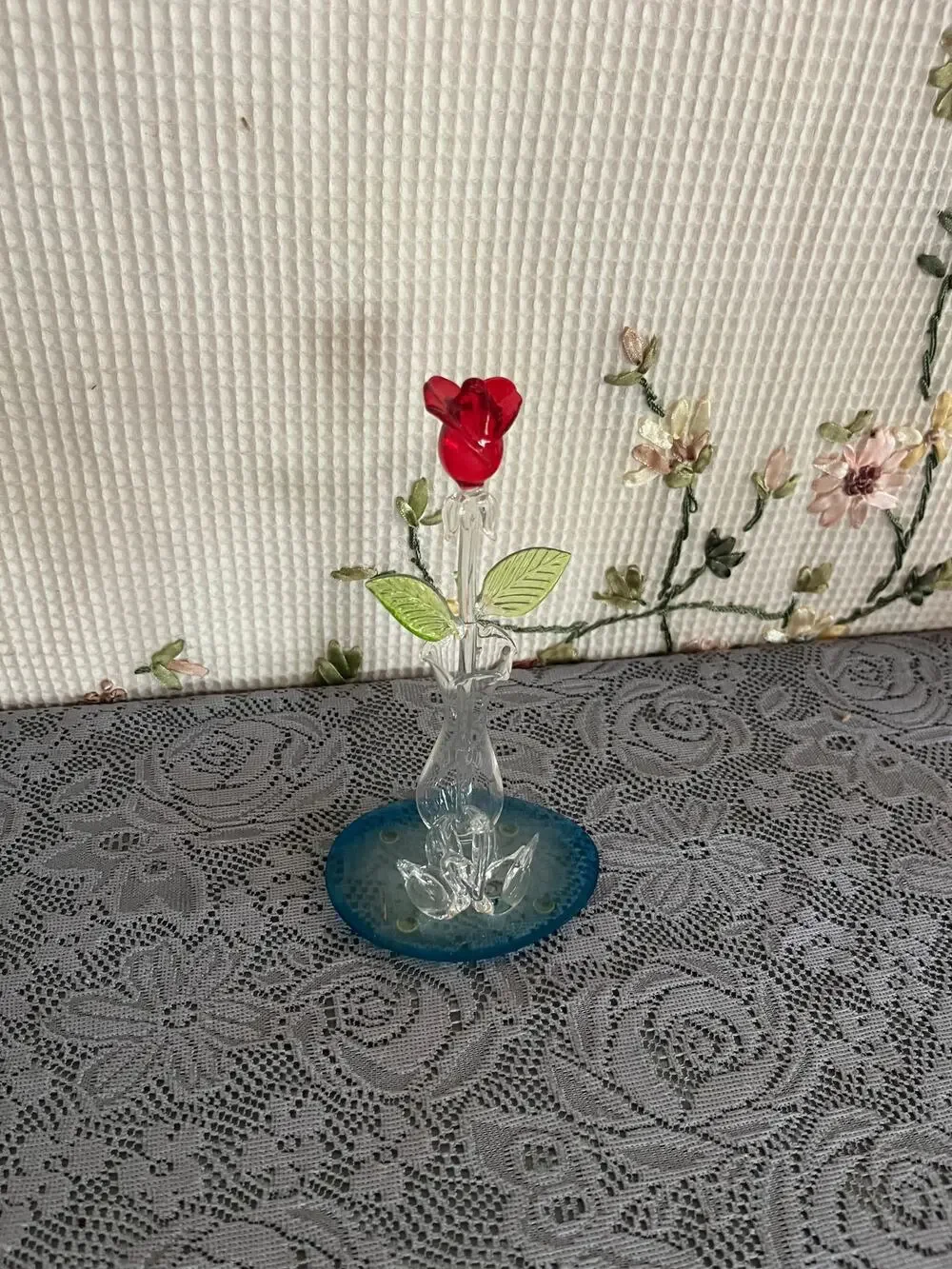 Spun Glass Swan Figurine and Red Rose Set Blown Art Glass Frosted Base 2 Piece